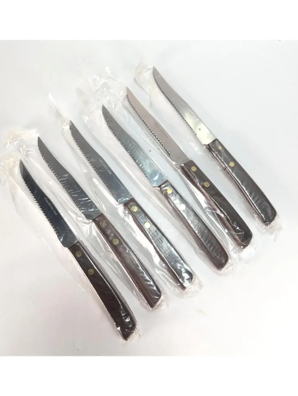 Set of 6 Capco 3195 Stainless Steel Steak Knife Rosewood Handle Brass Rivets NOS